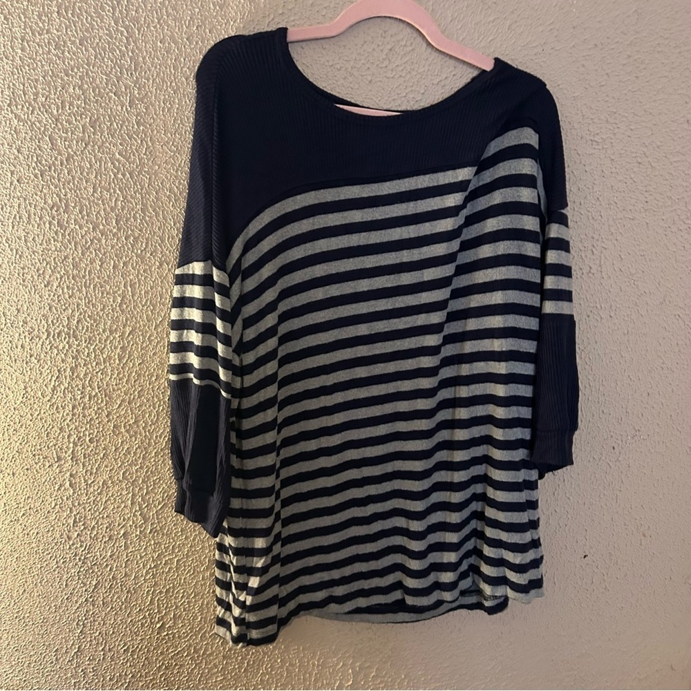 Cato Short Puff Sleeve Navy Striped Sweater Size 18/20W  Fall Warm Cozy